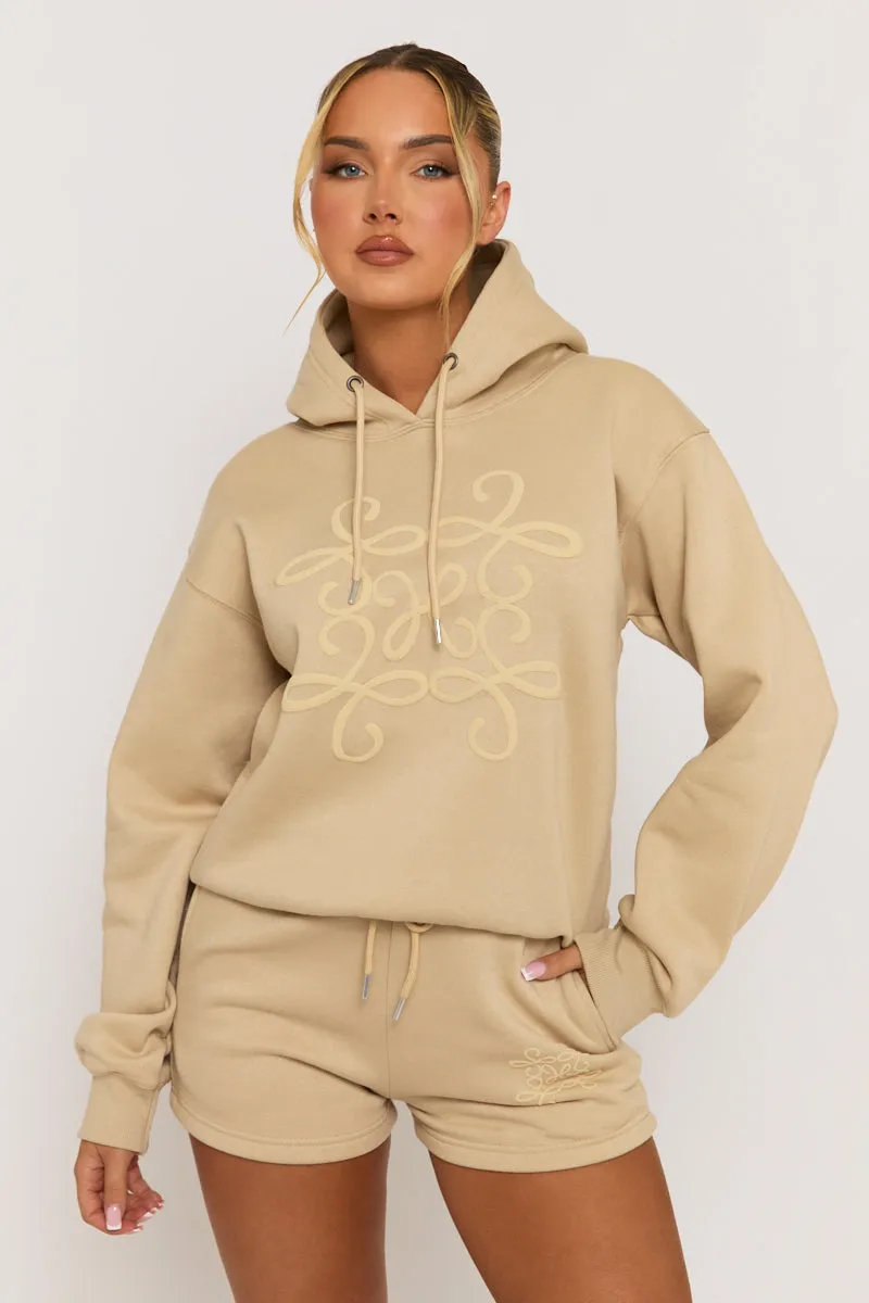 Beige Marl Swirl Motif Hoodie & Shorts Loungewear Co-ord Set - Dimity sold by Rebellious Fashion
