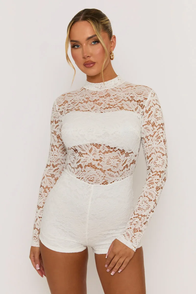 White High Neck Lace Playsuit - Demi sold by Rebellious Fashion