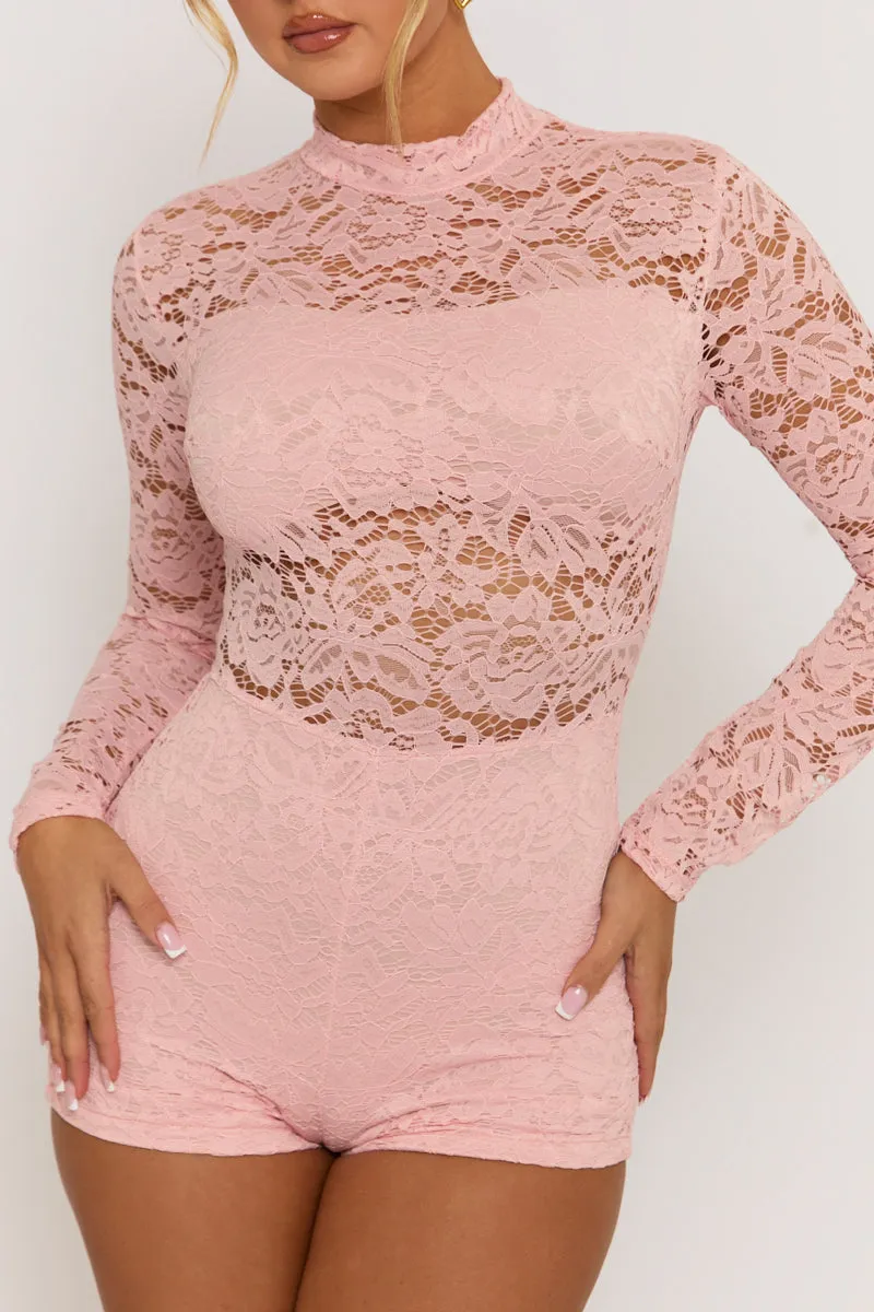 Pink High Neck Lace Playsuit - Demi sold by Rebellious Fashion product image thumbnail 4