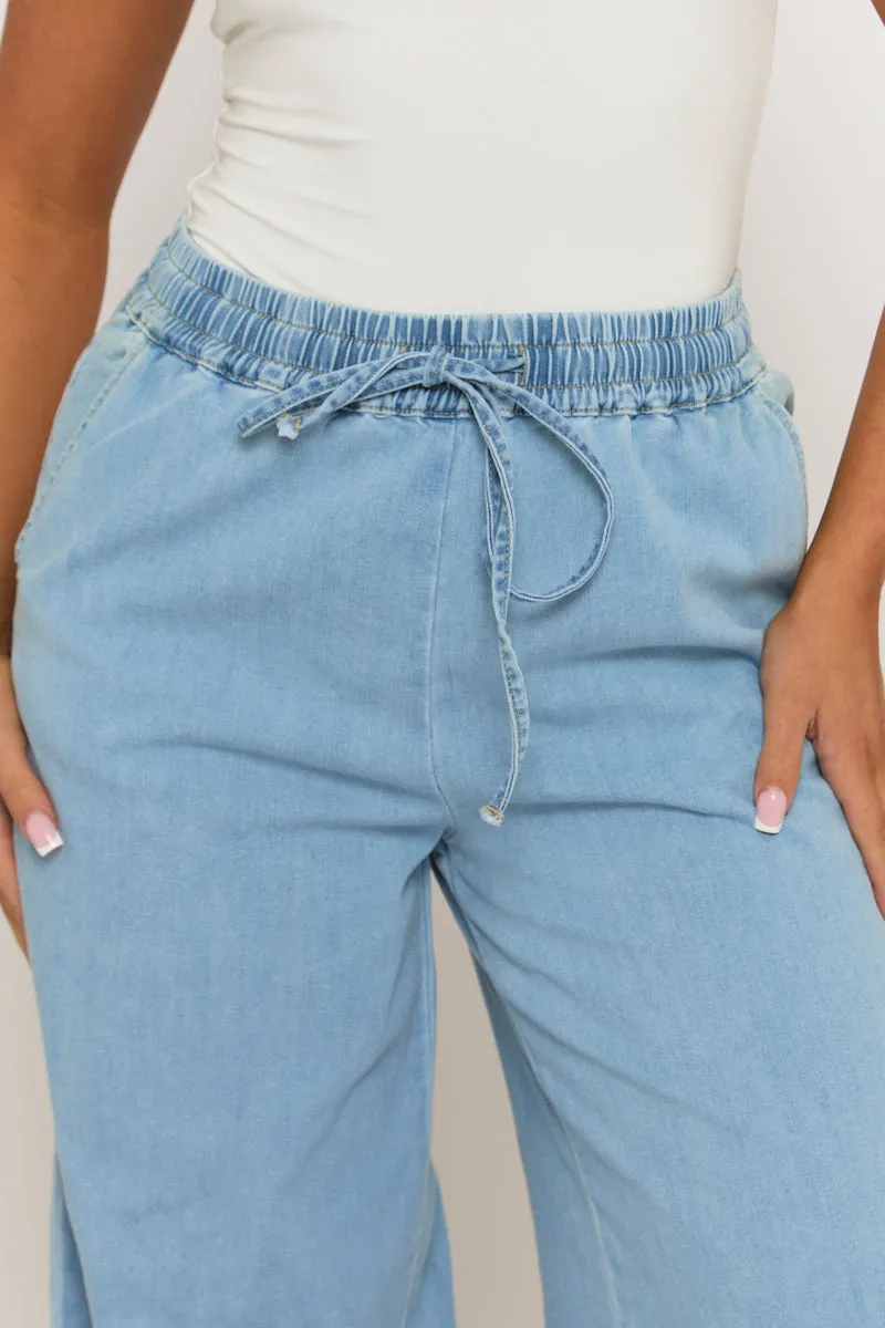 Light Blue Wash Elasticated Waist Wide Leg Jeans - Paddy sold by Rebellious Fashion product image thumbnail 4