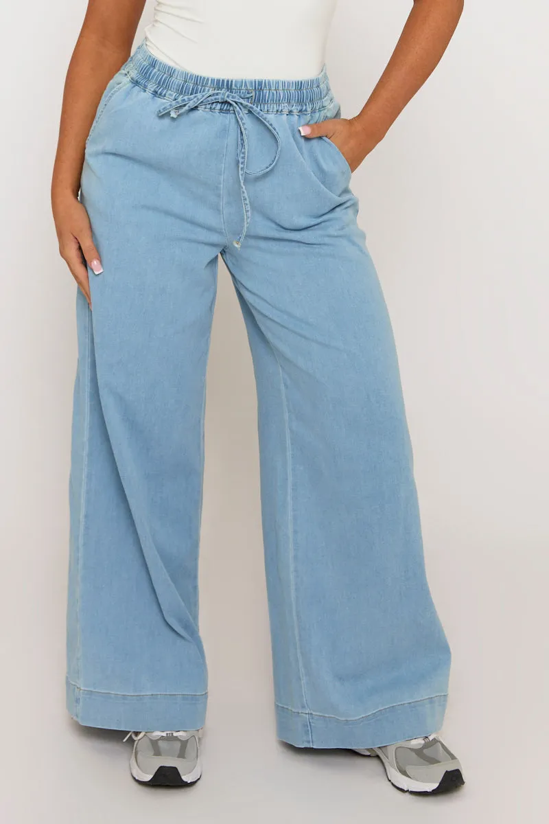 Light Blue Wash Elasticated Waist Wide Leg Jeans - Paddy sold by Rebellious Fashion product image thumbnail 2