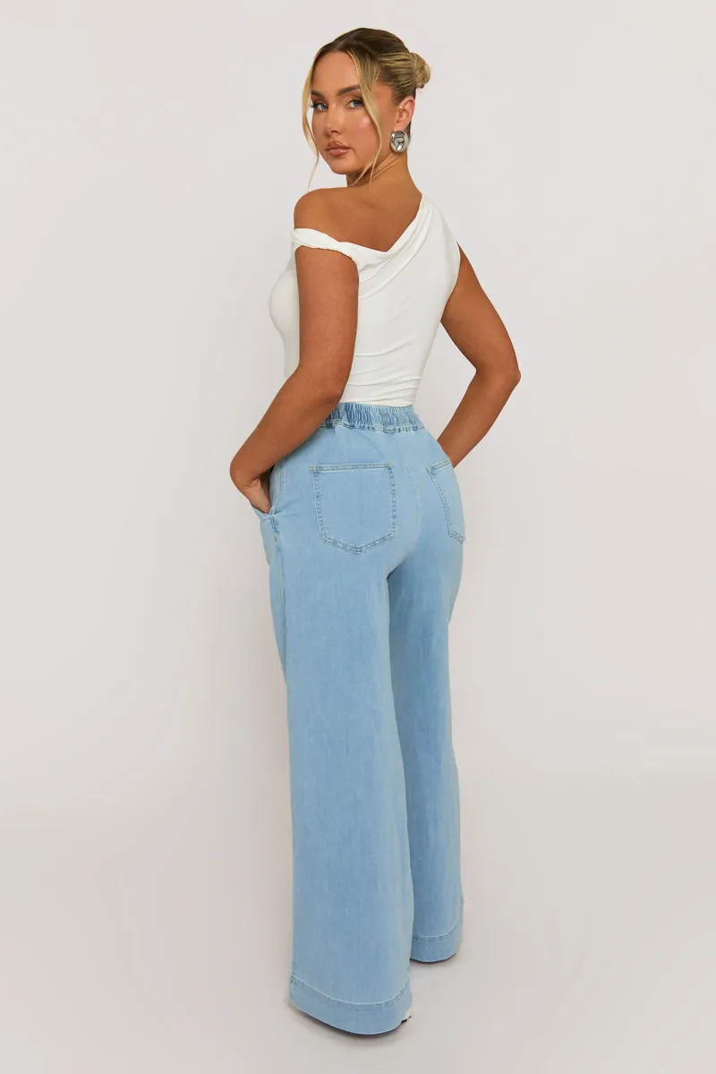 Light Blue Wash Elasticated Waist Wide Leg Jeans - Paddy sold by Rebellious Fashion product image thumbnail 5