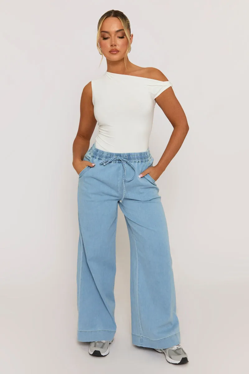 Light Blue Wash Elasticated Waist Wide Leg Jeans - Paddy sold by Rebellious Fashion