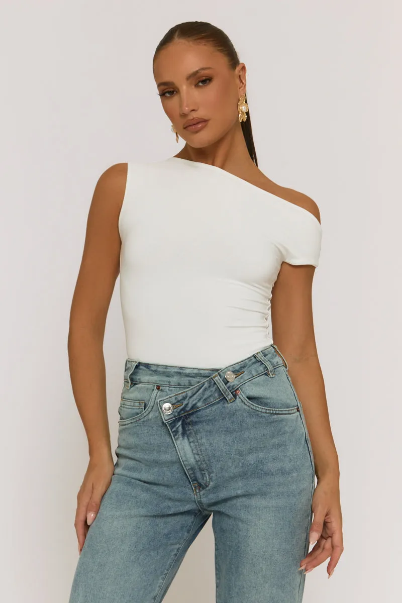White Asymmetric Off Shoulder Bodysuit - Misba sold by Rebellious Fashion