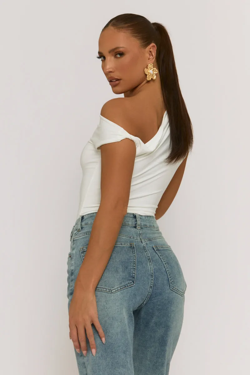 White Asymmetric Off Shoulder Bodysuit - Misba sold by Rebellious Fashion product image thumbnail 3