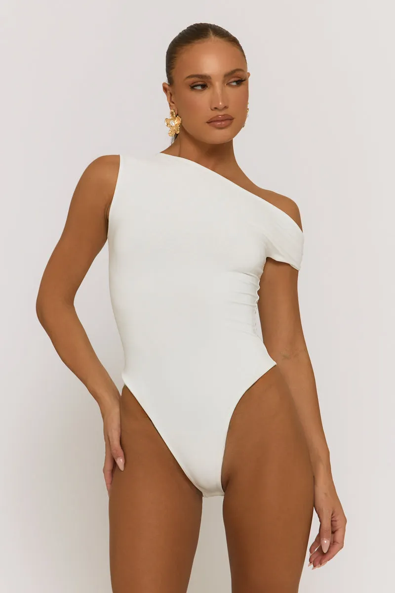 White Asymmetric Off Shoulder Bodysuit - Misba sold by Rebellious Fashion product image thumbnail 4