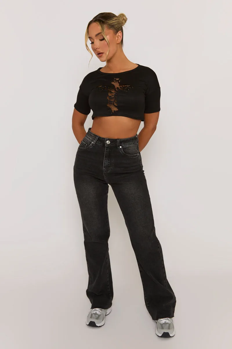 Black Lace Insert Cropped Tshirt - Mina sold by Rebellious Fashion product image thumbnail 3