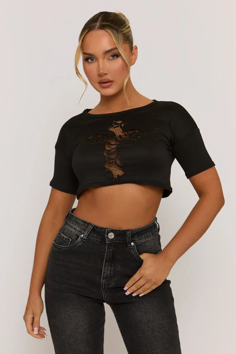 Black Lace Insert Cropped Tshirt - Mina sold by Rebellious Fashion product image thumbnail 2