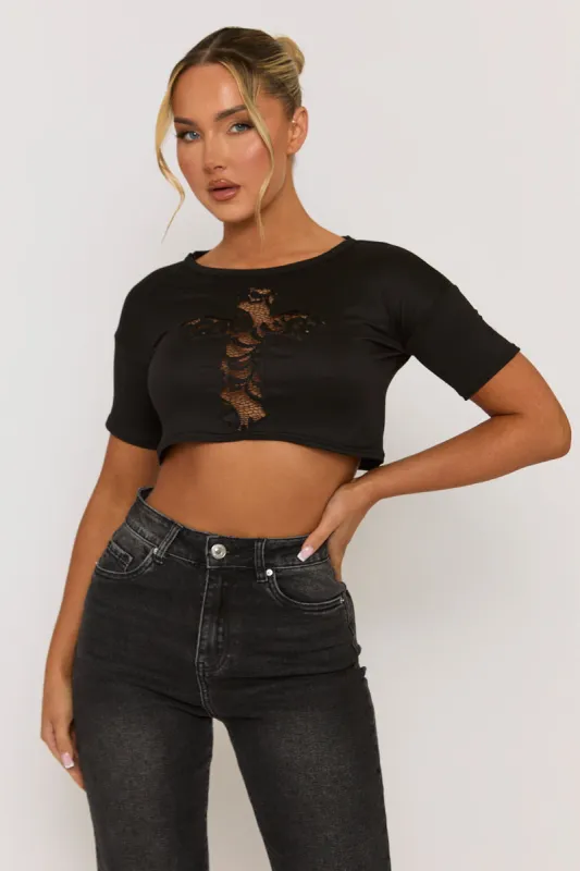 Black Lace Insert Cropped Tshirt - Mina sold by Rebellious Fashion