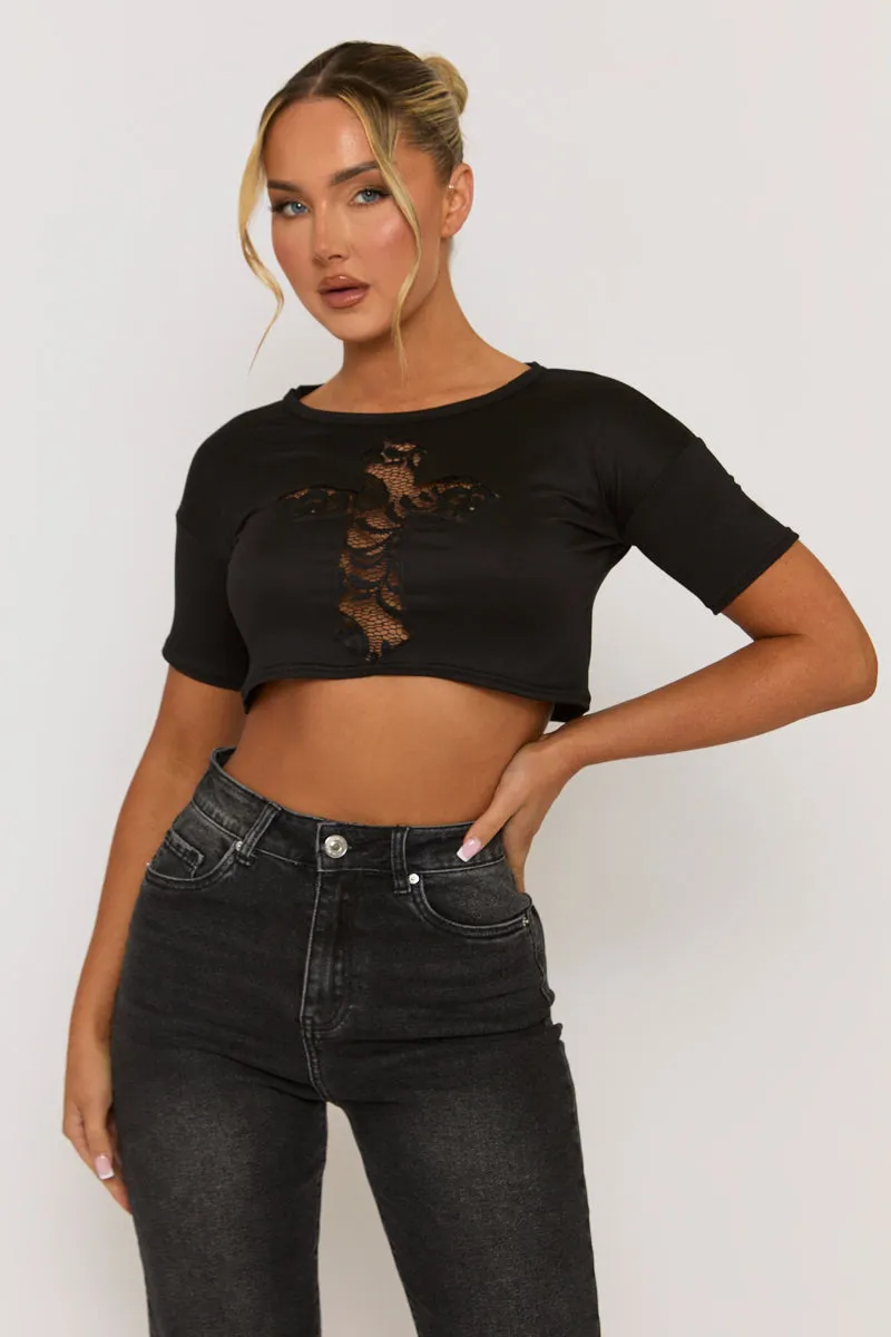 Black Lace Insert Cropped Tshirt - Mina sold by Rebellious Fashion