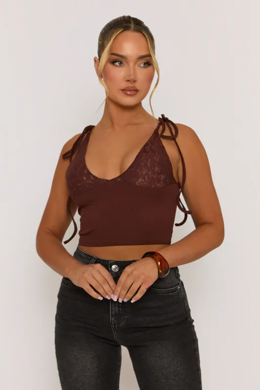Brown Lace Bust Tie Shoulder Cami Top - Melton sold by Rebellious Fashion