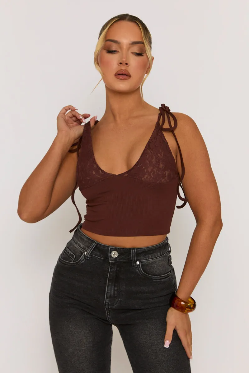 Brown Lace Bust Tie Shoulder Cami Top - Melton sold by Rebellious Fashion product image thumbnail 2