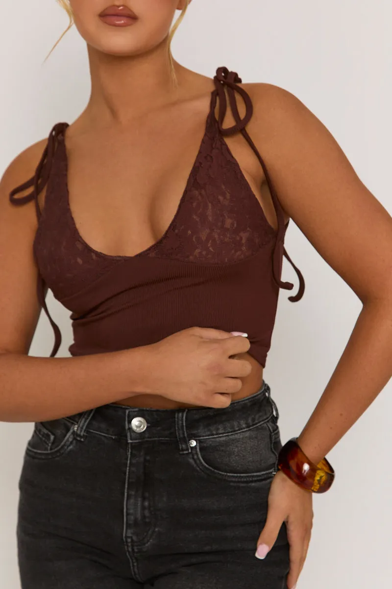 Brown Lace Bust Tie Shoulder Cami Top - Melton sold by Rebellious Fashion product image thumbnail 4