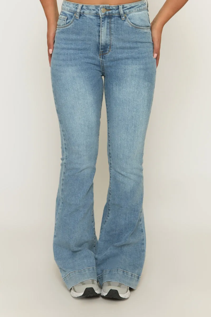 Mid Blue Washed Stretch Flared Leg Jeans - Briani sold by Rebellious Fashion product image thumbnail 3
