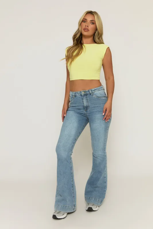 Mid Blue Washed Stretch Flared Leg Jeans - Briani sold by Rebellious Fashion
