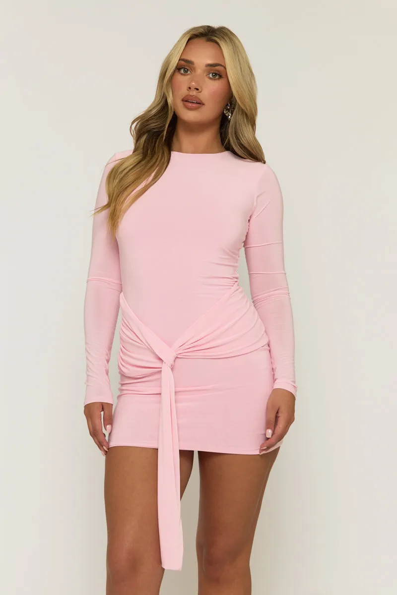 Pink Knot Front Long Sleeve Mini Dress - Juliet sold by Rebellious Fashion