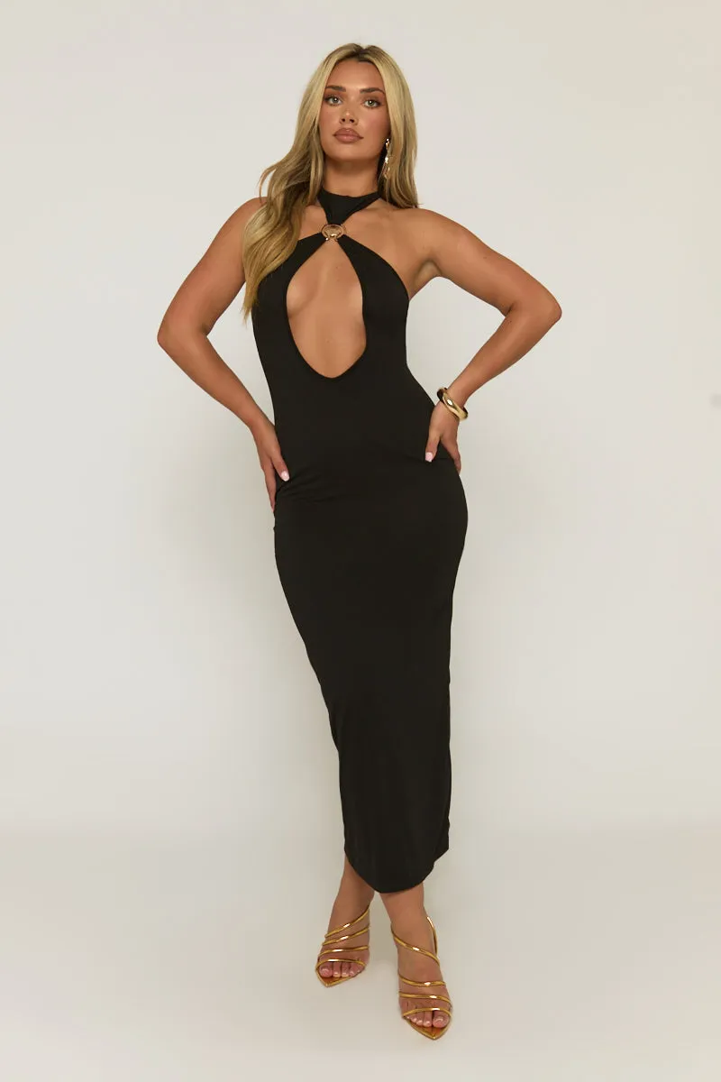 Black Cut Out Shell Trim Halter Maxi Dress - Audrey sold by Rebellious Fashion