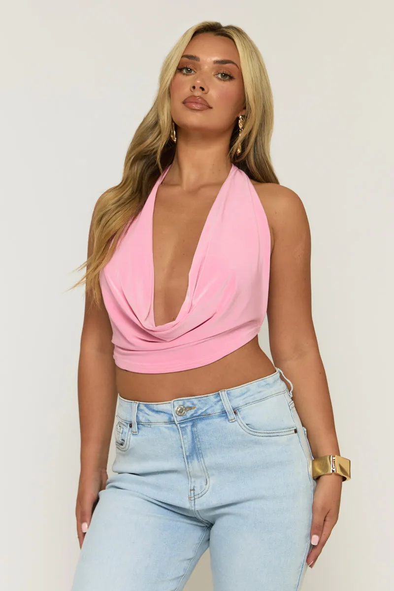 Pink Plunge Halter Neck Top - Micah sold by Rebellious Fashion