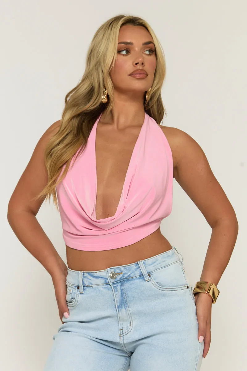 Pink Plunge Halter Neck Top - Micah sold by Rebellious Fashion product image thumbnail 3