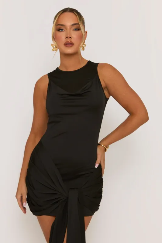 Black Drape Front Tie Side Bodycon Dress - Viktoria sold by Rebellious Fashion