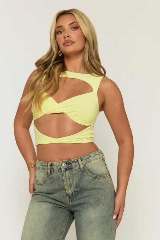 Butter Yellow Twist Front Cut Out Top - Sonia sold by Rebellious Fashion