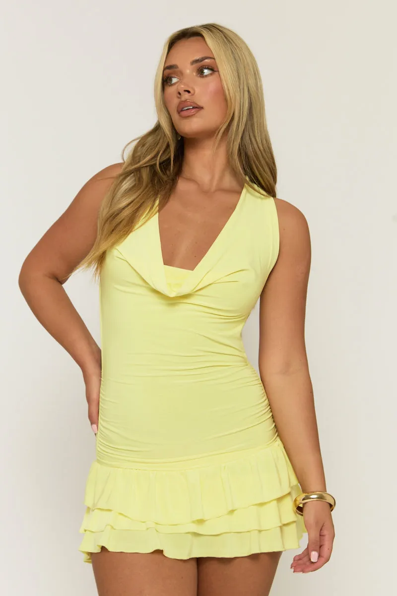 Butter Yellow Cowl Front Ruffle Mini Dress - Marcela sold by Rebellious Fashion