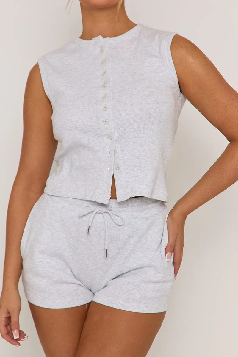 Grey Sleeveless Button Front Rib Top and Short Loungewear Co-ord Set - Zita sold by Rebellious Fashion product image thumbnail 4