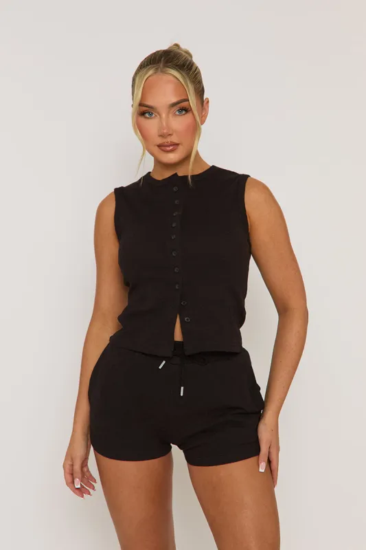 Black Sleeveless Button Front Rib Top and Short Co-ord Set - Zita sold by Rebellious Fashion