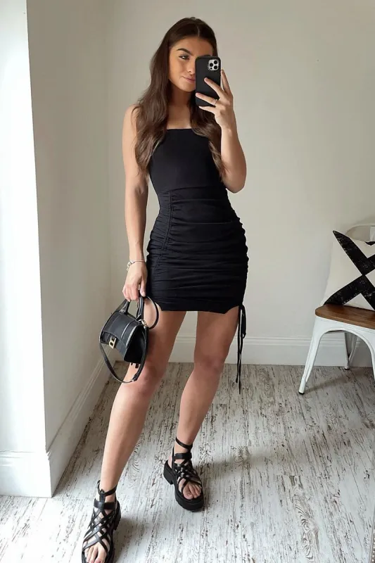 Black Ruched Centre Mini Dress - Gabriella sold by Rebellious Fashion