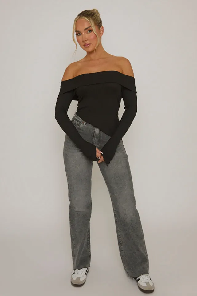 Black Rib Bardot Asymmetric Top - Vittoria sold by Rebellious Fashion product image thumbnail 2