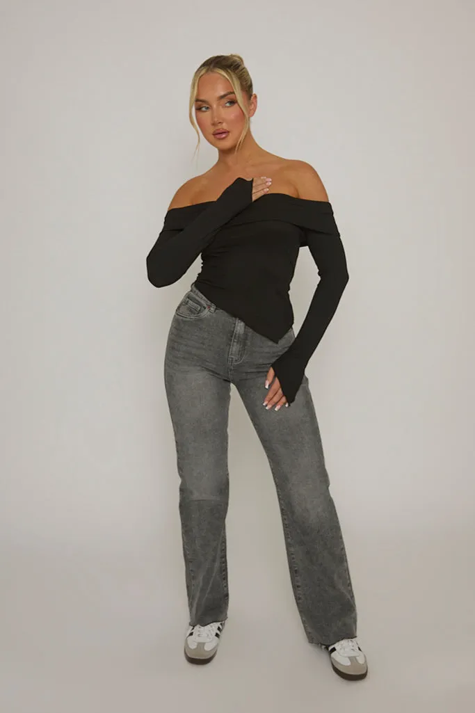 Black Rib Bardot Asymmetric Top - Vittoria sold by Rebellious Fashion product image thumbnail 3