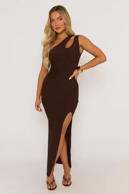 Chocolate One Shoulder Cut Out Midi Dress - Edris sold by Rebellious Fashion