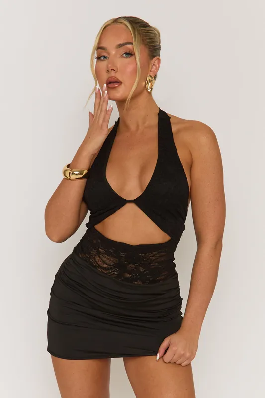 Black Lace Draped Halterneck Mini Dress - Santina sold by Rebellious Fashion