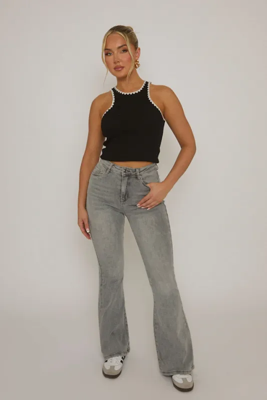 Grey Kick Flare Mid Waist Jeans - Paola sold by Rebellious Fashion