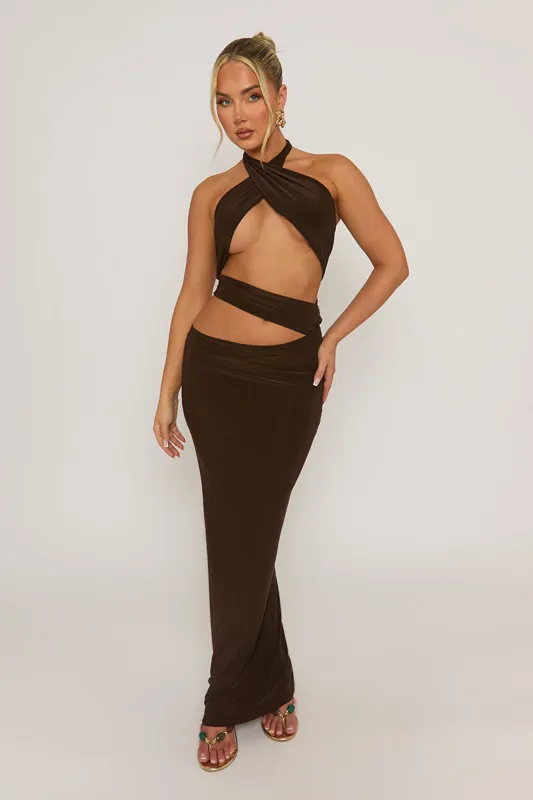 Chocolate Cut Out Halter Maxi Dress - Patrizia sold by Rebellious Fashion