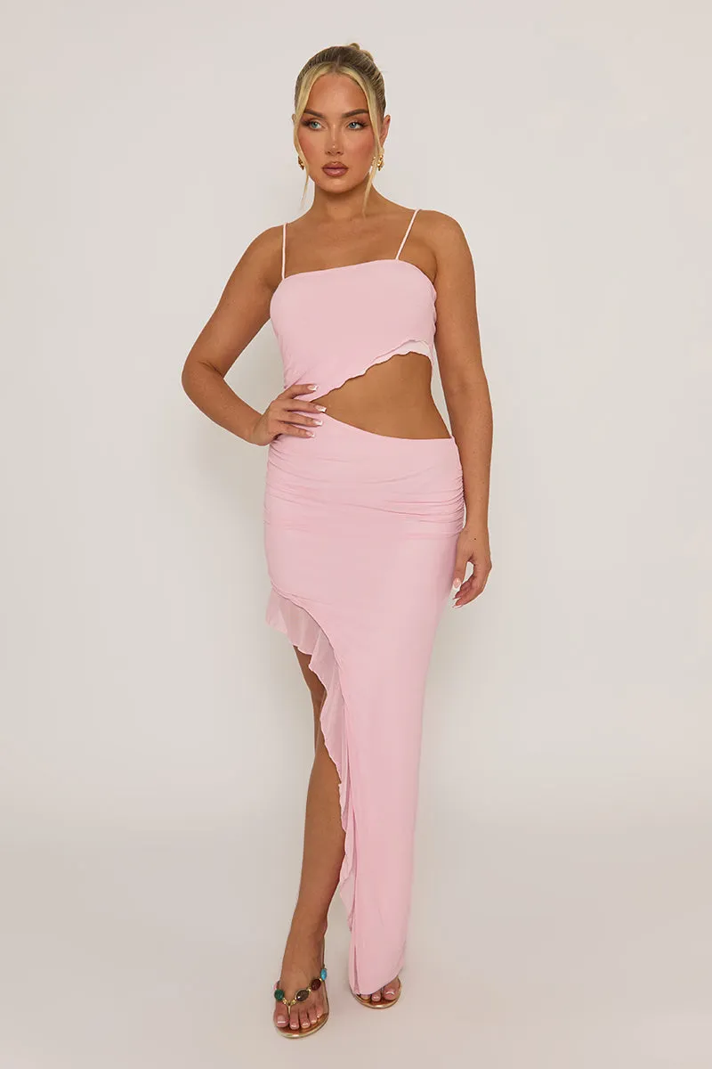 Pink Ruffle Side Split Maxi Dress - Loretta sold by Rebellious Fashion product image thumbnail 2