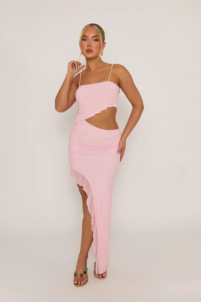 Pink Ruffle Side Split Maxi Dress - Loretta sold by Rebellious Fashion