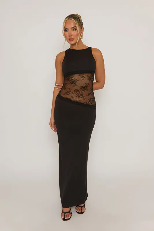 Black Lace Insert Cut Out Back Maxi Dress - Mirabella sold by Rebellious Fashion