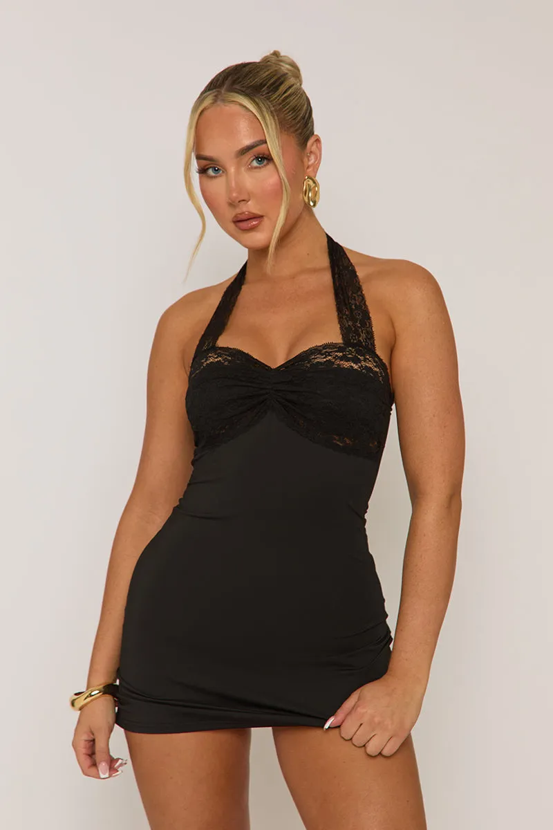Black Lace Cup Halterneck Mini Dress - Giorgia sold by Rebellious Fashion