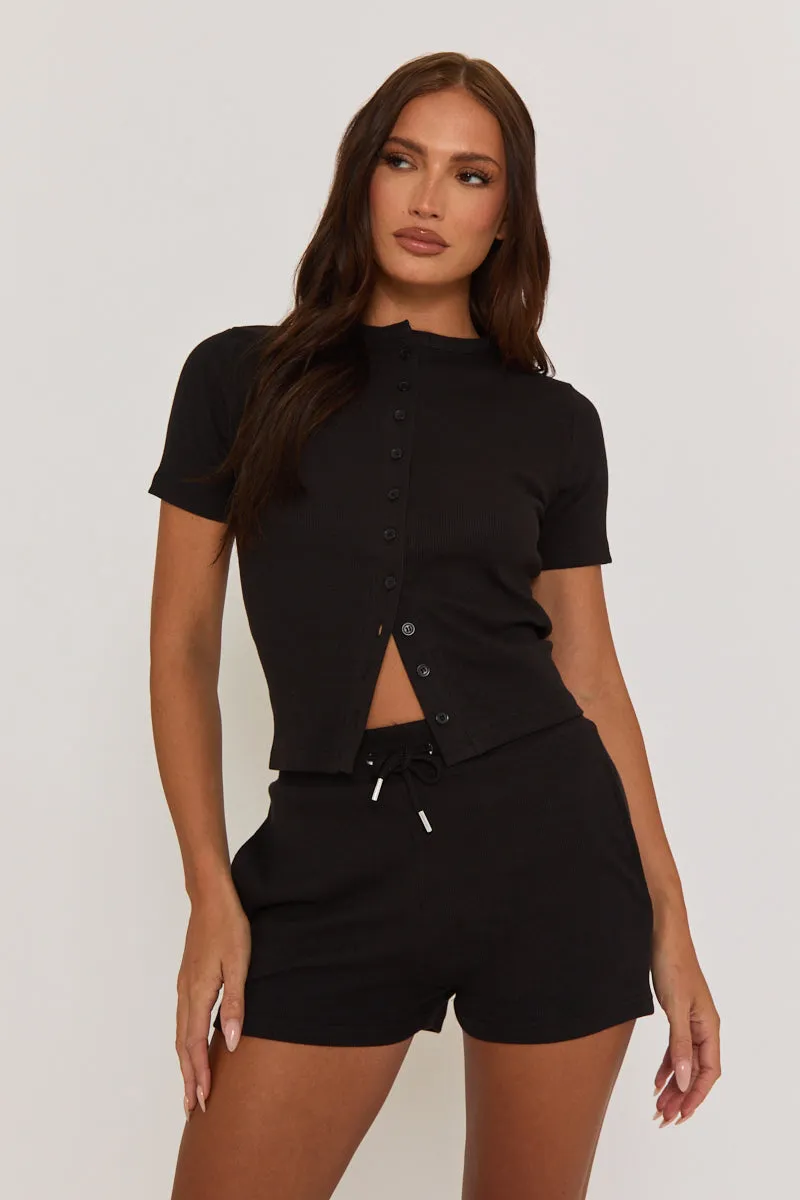 Black Rib Button Front Top and Short Co-ord Set - Dua sold by Rebellious Fashion