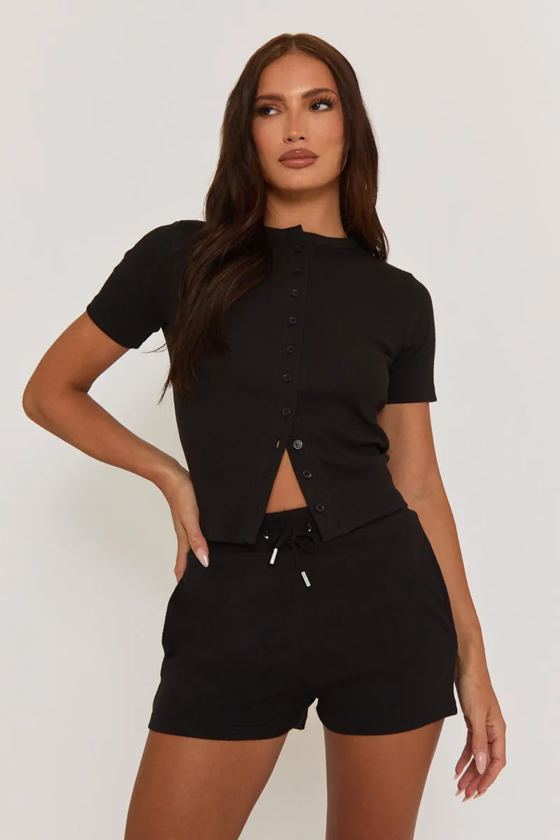 Black Rib Button Front Top and Short Co-ord Set - Dua sold by Rebellious Fashion product image thumbnail 3