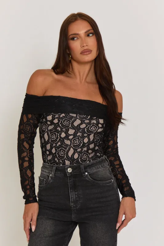 Black Contrast Lace Bandeau Bodysuit - Betania sold by Rebellious Fashion