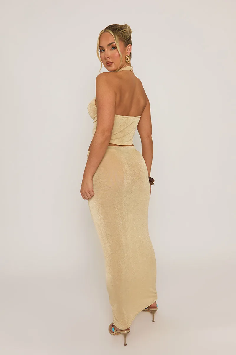Champagne Acetate Slinky Halter Top & Maxi Skirt Co-ord Set - Alice sold by Rebellious Fashion product image thumbnail 5