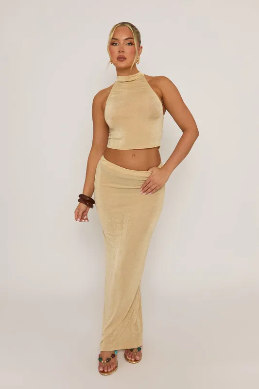 Champagne Acetate Slinky Halter Top & Maxi Skirt Co-ord Set - Alice sold by Rebellious Fashion