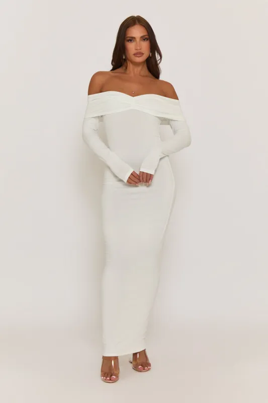 White Ruched Bardot Jersey Maxi Dress - Celestina sold by Rebellious Fashion