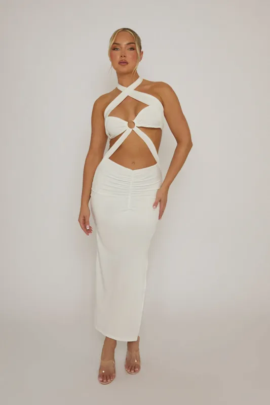 White Ring Detail Cut Out Halter Maxi Dress - Stefania sold by Rebellious Fashion