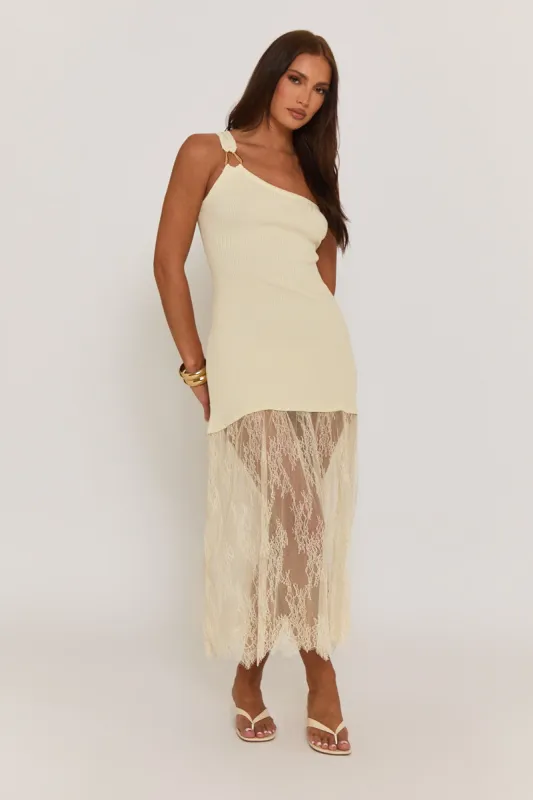 Butter Yellow Asymmetric Rib Knit and Lace Mix Dress - Miya sold by Rebellious Fashion