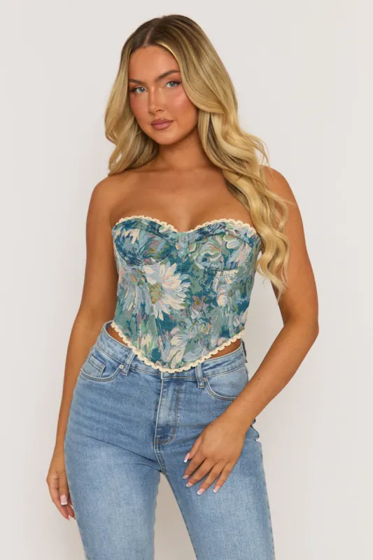 Blue Floral Lace Trim Corset - Avalon sold by Rebellious Fashion