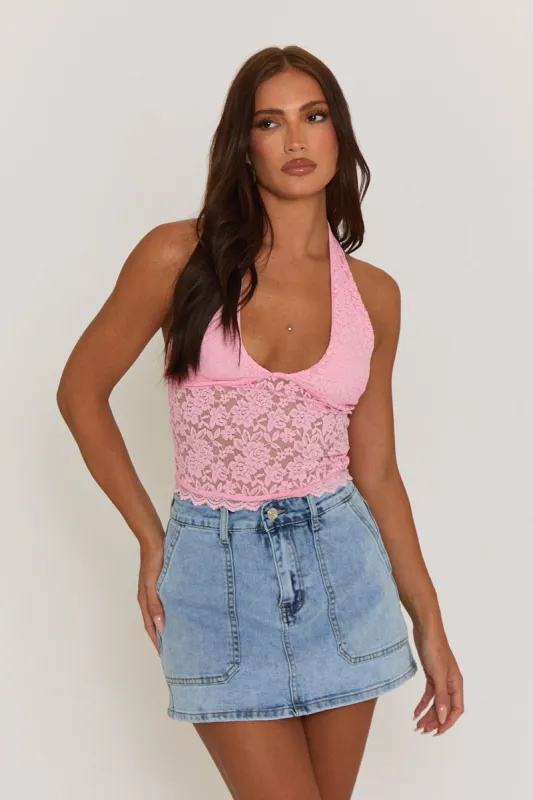 Pink Semi Sheer Halterneck Lace Top - London sold by Rebellious Fashion