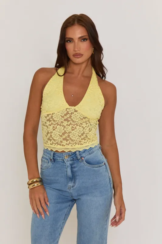 Butter Yellow Semi Sheer Halterneck Lace Top - London sold by Rebellious Fashion
